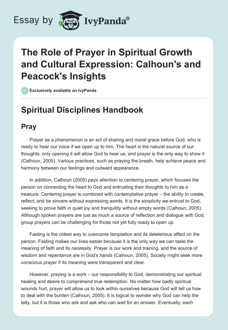 The Role of Prayer in Spiritual Growth and Cultural Expression: Calhoun's and Peacock's Insights. Page 1