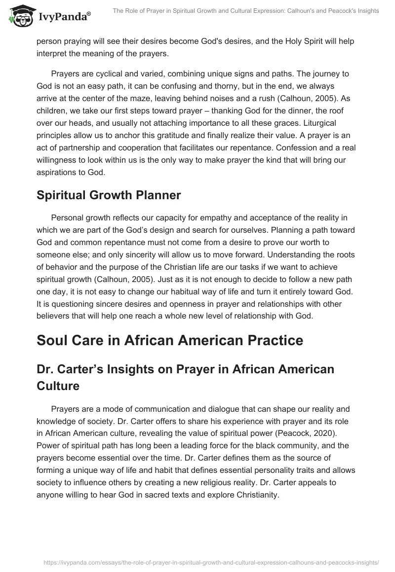 The Role of Prayer in Spiritual Growth and Cultural Expression: Calhoun's and Peacock's Insights. Page 2