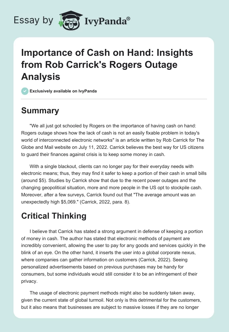 Importance of Cash on Hand: Insights from Rob Carrick's Rogers Outage Analysis. Page 1