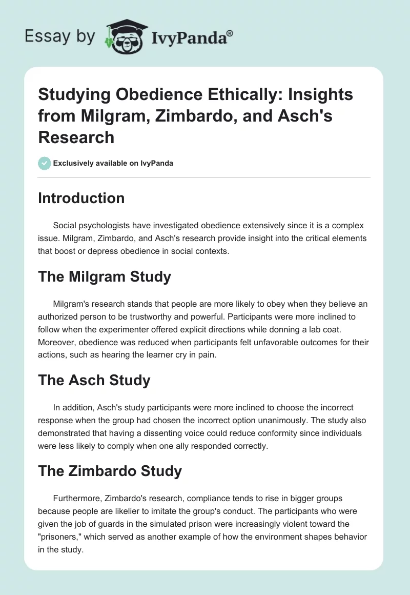 Studying Obedience Ethically: Insights from Milgram, Zimbardo, and Asch's Research. Page 1