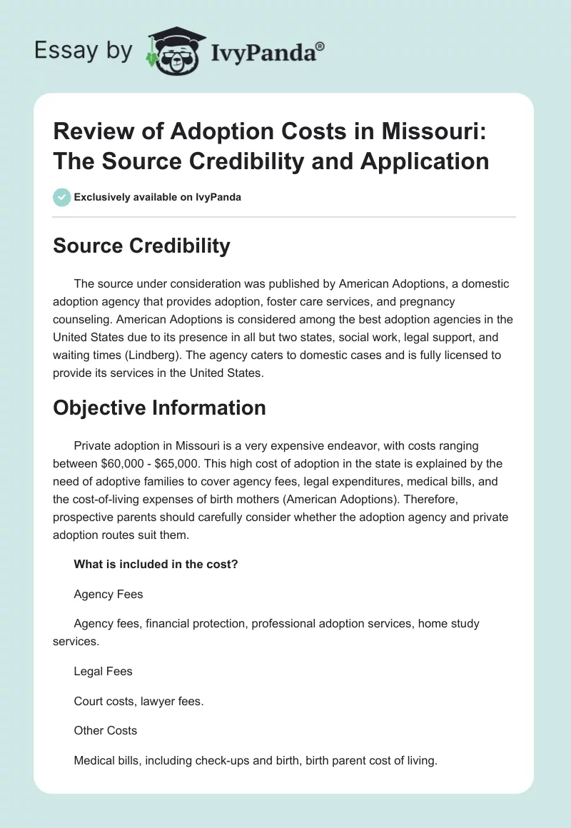 Review of Adoption Costs in Missouri: The Source Credibility and Application. Page 1