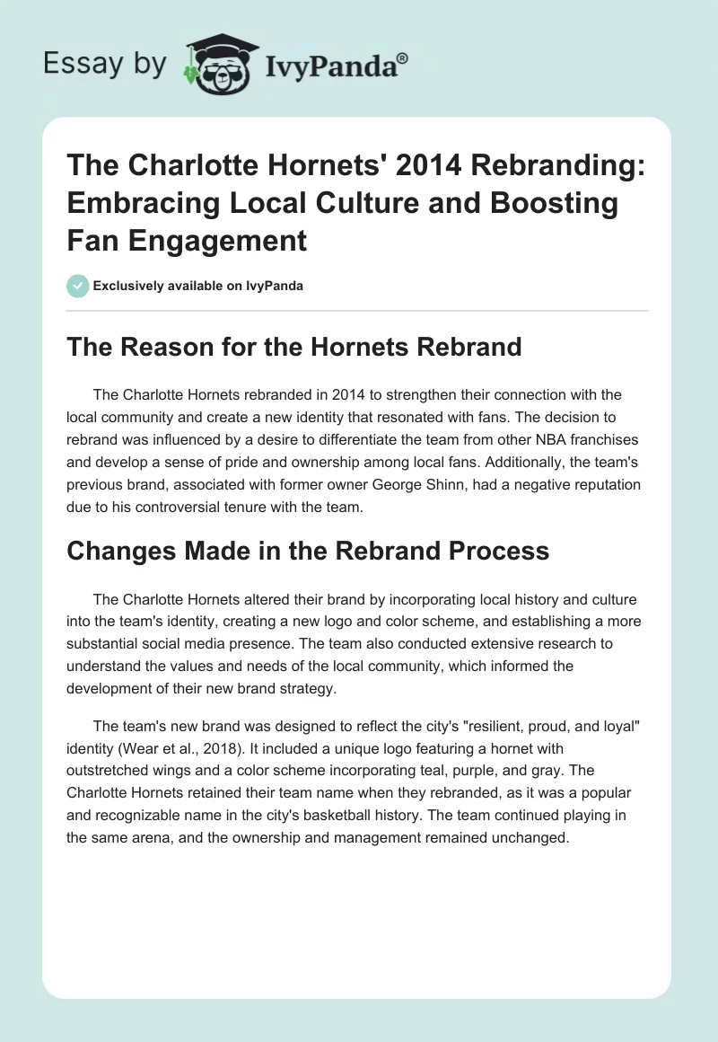 The Charlotte Hornets' 2014 Rebranding: Embracing Local Culture and Boosting Fan Engagement. Page 1