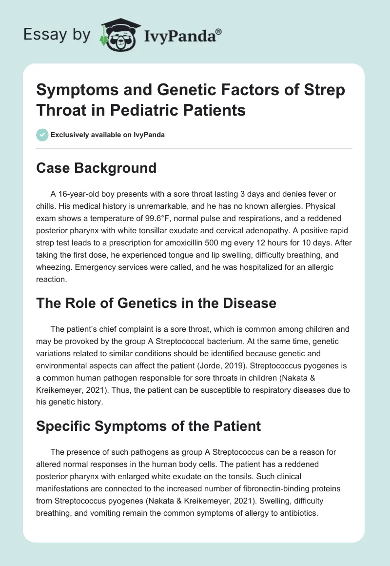 Symptoms and Genetic Factors of Strep Throat in Pediatric Patients. Page 1