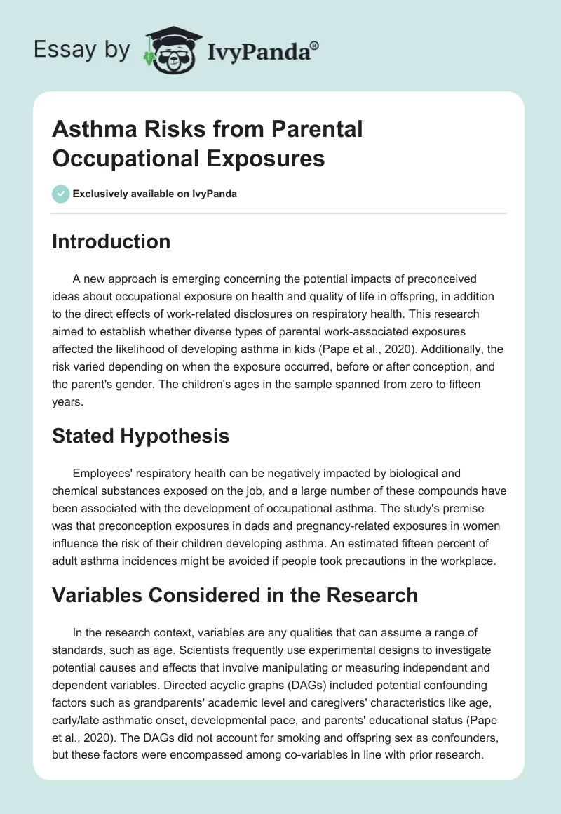 Asthma Risks from Parental Occupational Exposures. Page 1