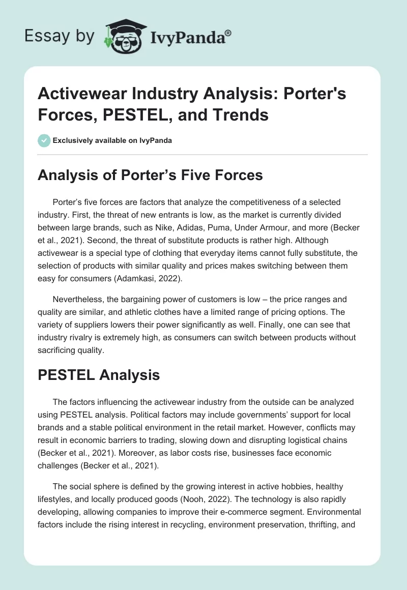 Activewear Industry Analysis: Porter's Forces, PESTEL, and Trends. Page 1