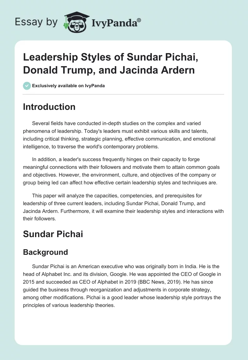 Leadership Styles of Sundar Pichai, Donald Trump, and Jacinda Ardern. Page 1