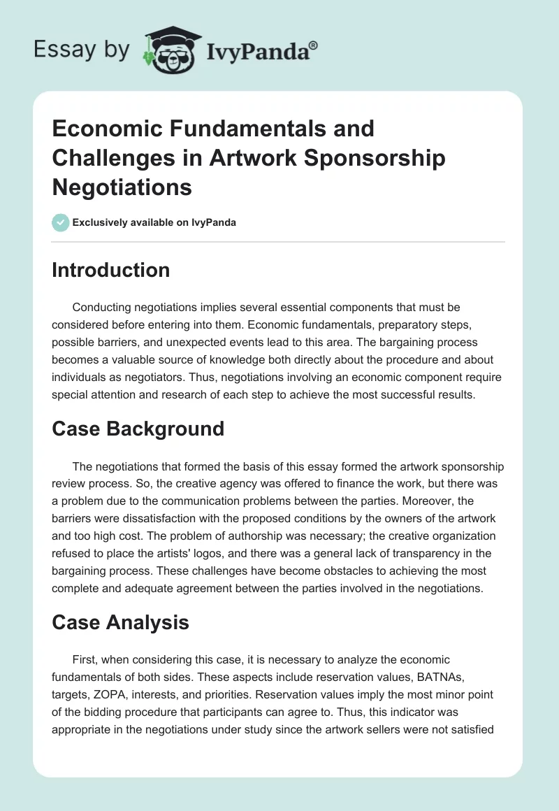 Economic Fundamentals and Challenges in Artwork Sponsorship Negotiations. Page 1