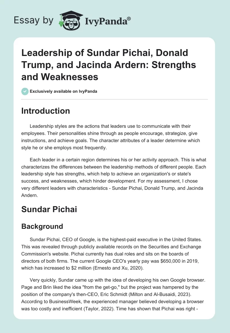 Leadership of Sundar Pichai, Donald Trump, and Jacinda Ardern: Strengths and Weaknesses. Page 1