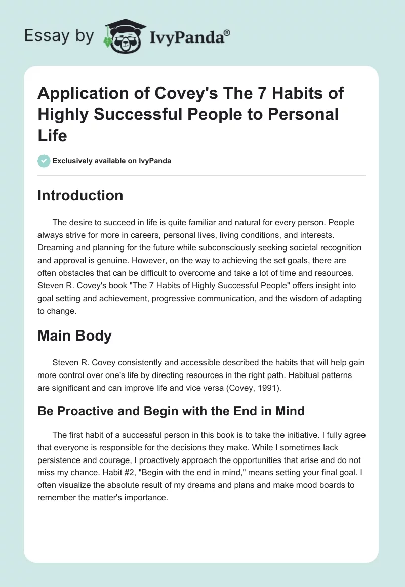 Application of Covey's "The 7 Habits of Highly Successful People" to Personal Life. Page 1