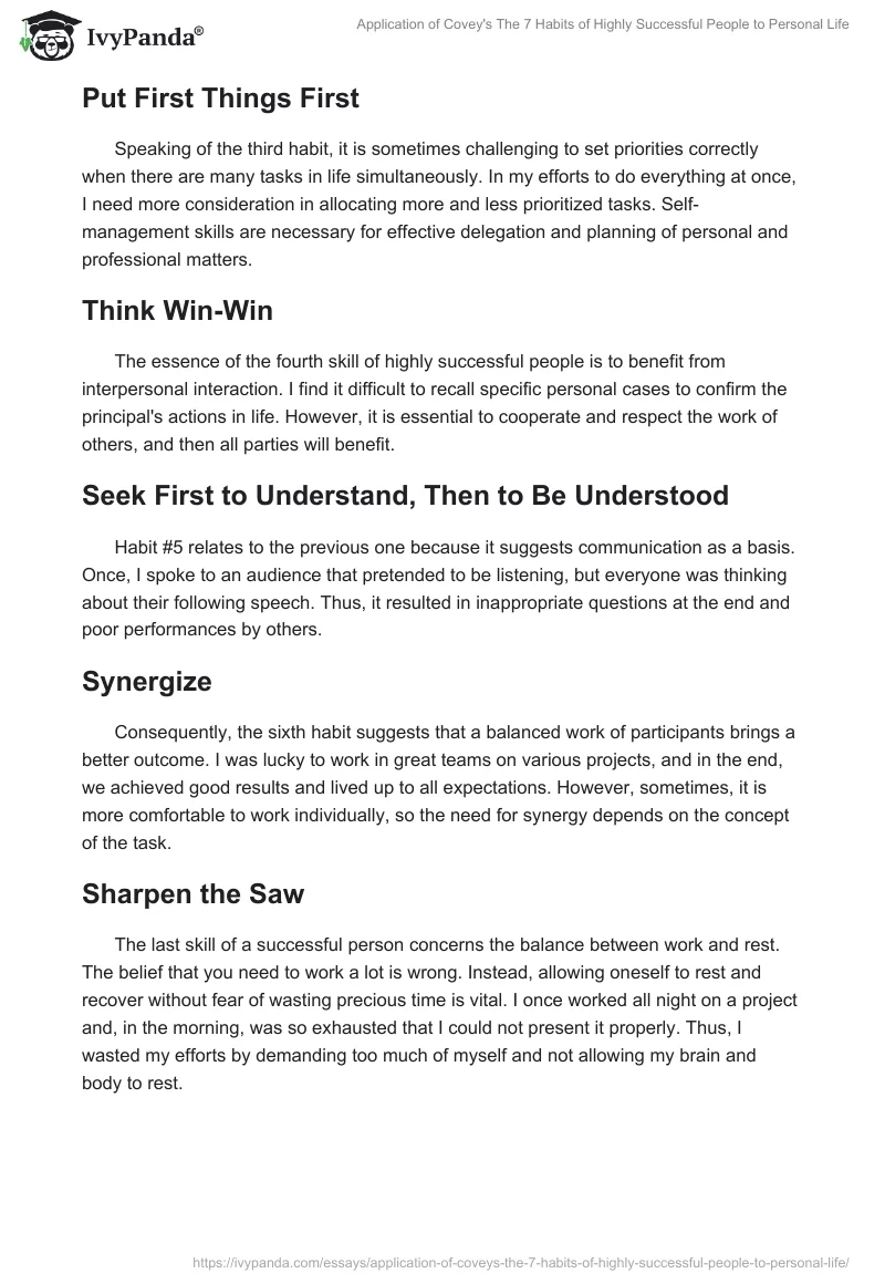 Application of Covey's "The 7 Habits of Highly Successful People" to Personal Life. Page 2