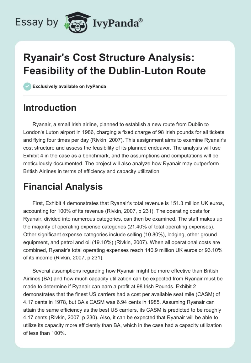 Ryanair's Cost Structure Analysis: Feasibility of the Dublin-Luton Route. Page 1