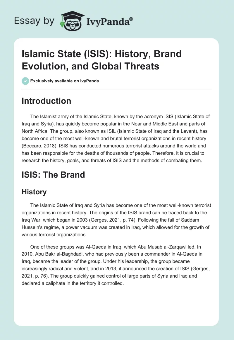 Islamic State (ISIS): History, Brand Evolution, and Global Threats. Page 1