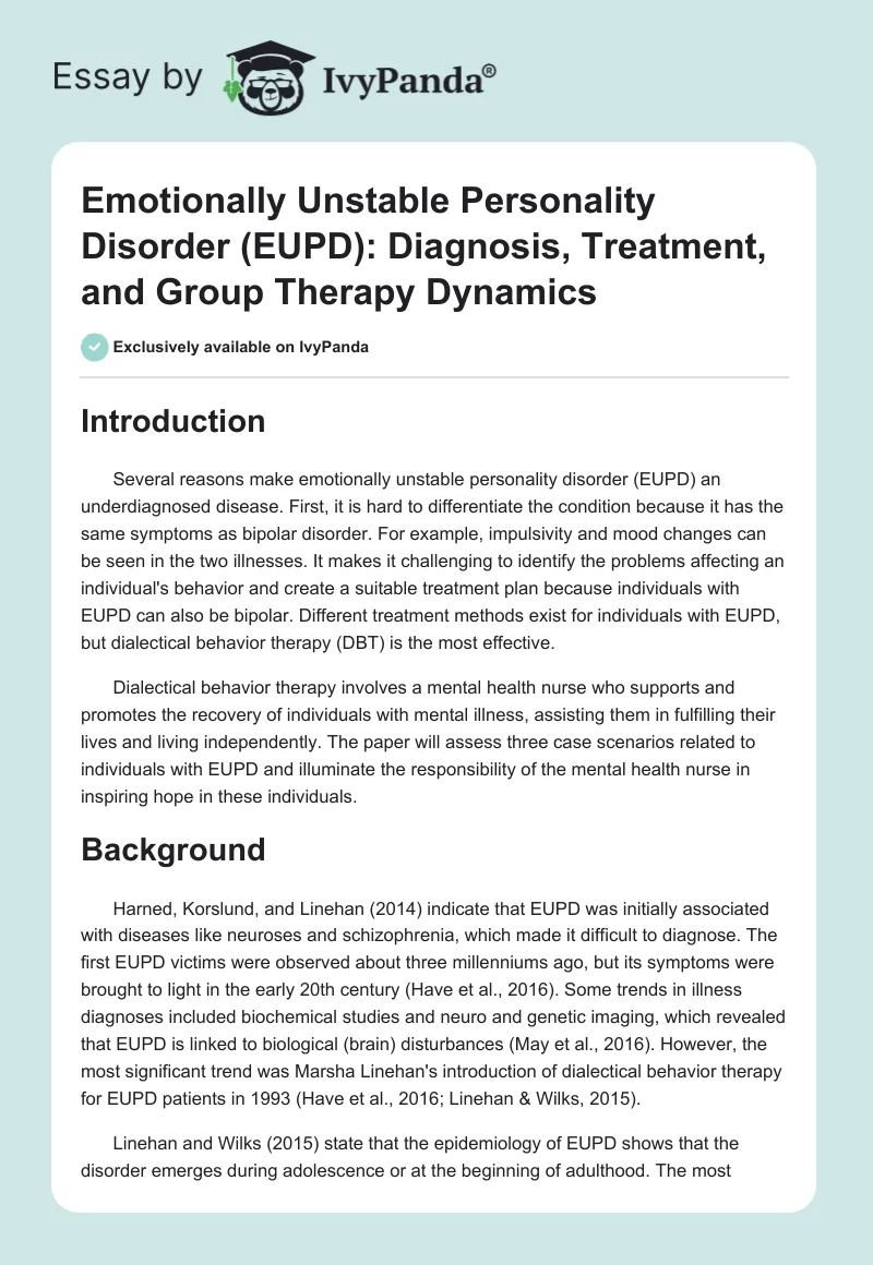 Emotionally Unstable Personality Disorder (EUPD): Diagnosis, Treatment, and Group Therapy Dynamics. Page 1