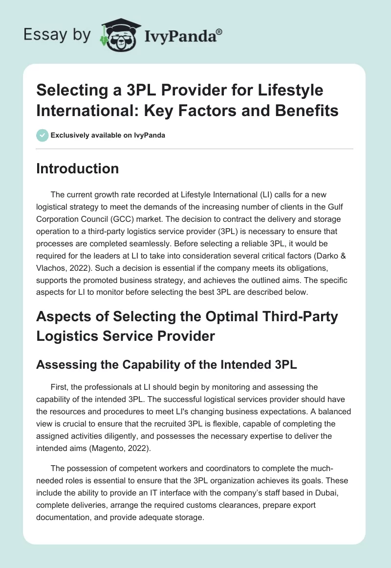 Selecting a 3PL Provider for Lifestyle International: Key Factors and Benefits. Page 1