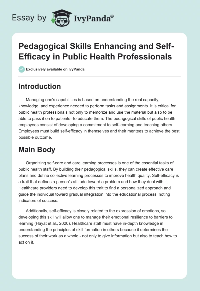 Pedagogical Skills Enhancing and Self-Efficacy in Public Health Professionals. Page 1