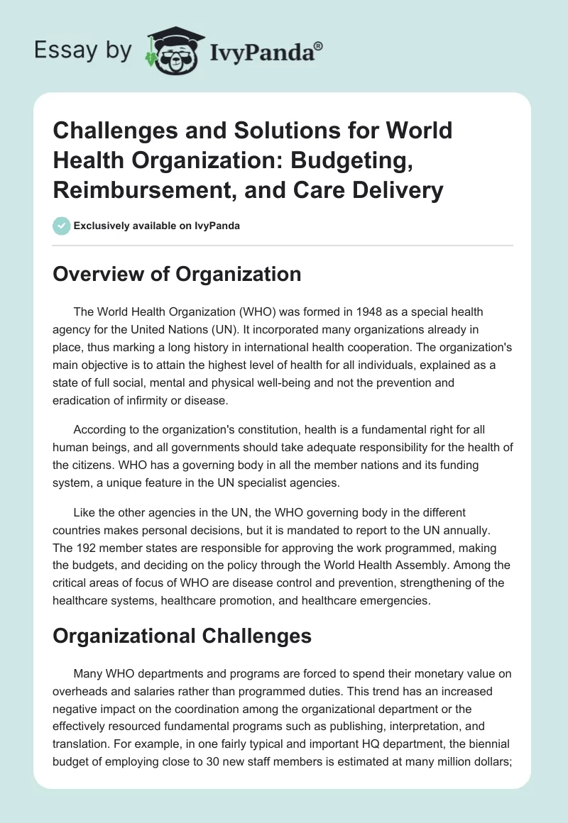 Challenges and Solutions for World Health Organization: Budgeting, Reimbursement, and Care Delivery. Page 1