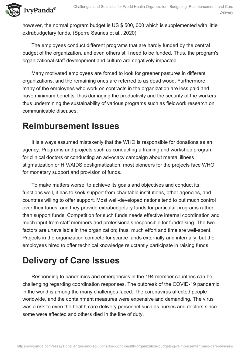 Challenges and Solutions for World Health Organization: Budgeting, Reimbursement, and Care Delivery. Page 2