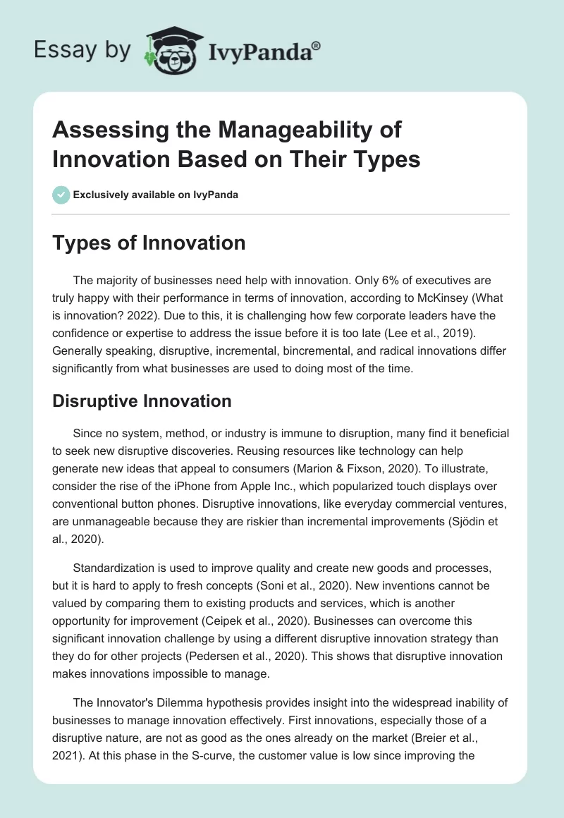 Assessing the Manageability of Innovation Based on Their Types. Page 1