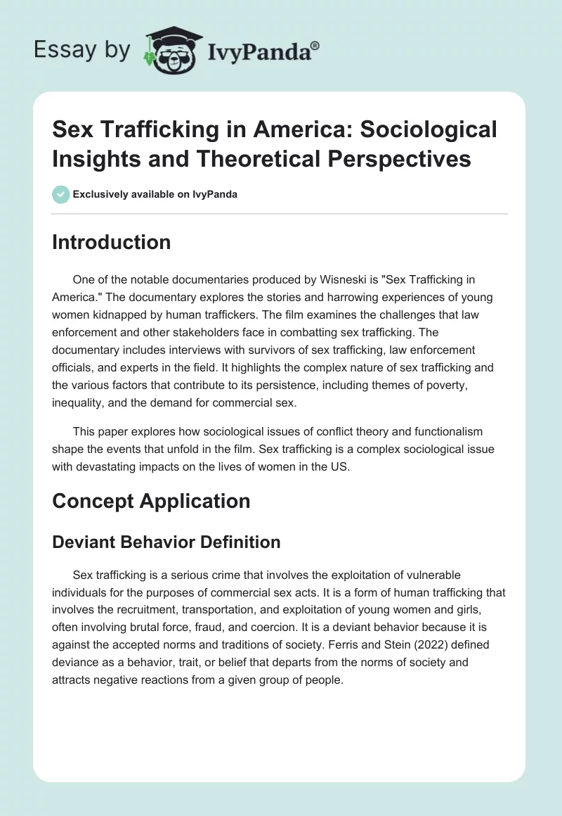 Sex Trafficking in America: Sociological Insights and Theoretical Perspectives. Page 1