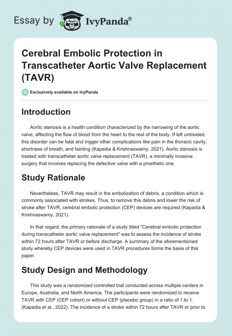 Cerebral Embolic Protection in Transcatheter Aortic Valve Replacement (TAVR). Page 1