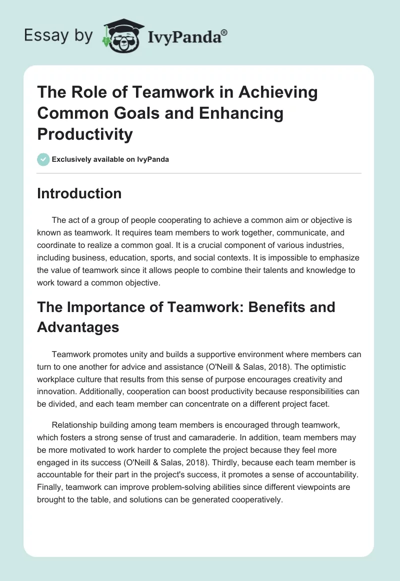 The Role of Teamwork in Achieving Common Goals and Enhancing Productivity. Page 1