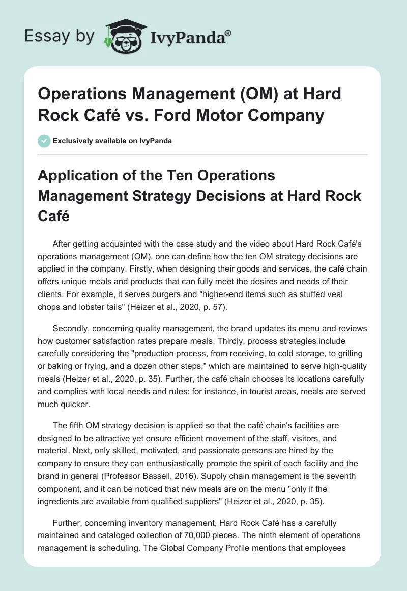 Operations Management (OM) at Hard Rock Café vs. Ford Motor Company. Page 1