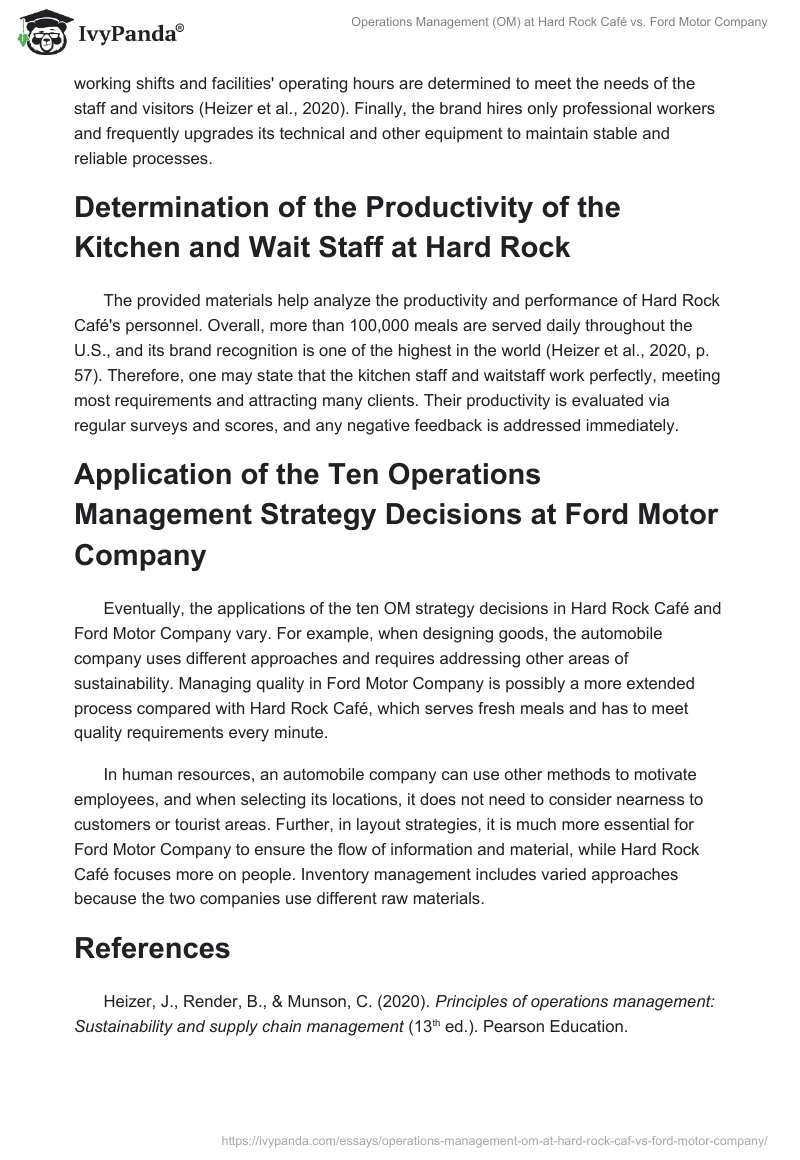 Operations Management (OM) at Hard Rock Café vs. Ford Motor Company. Page 2