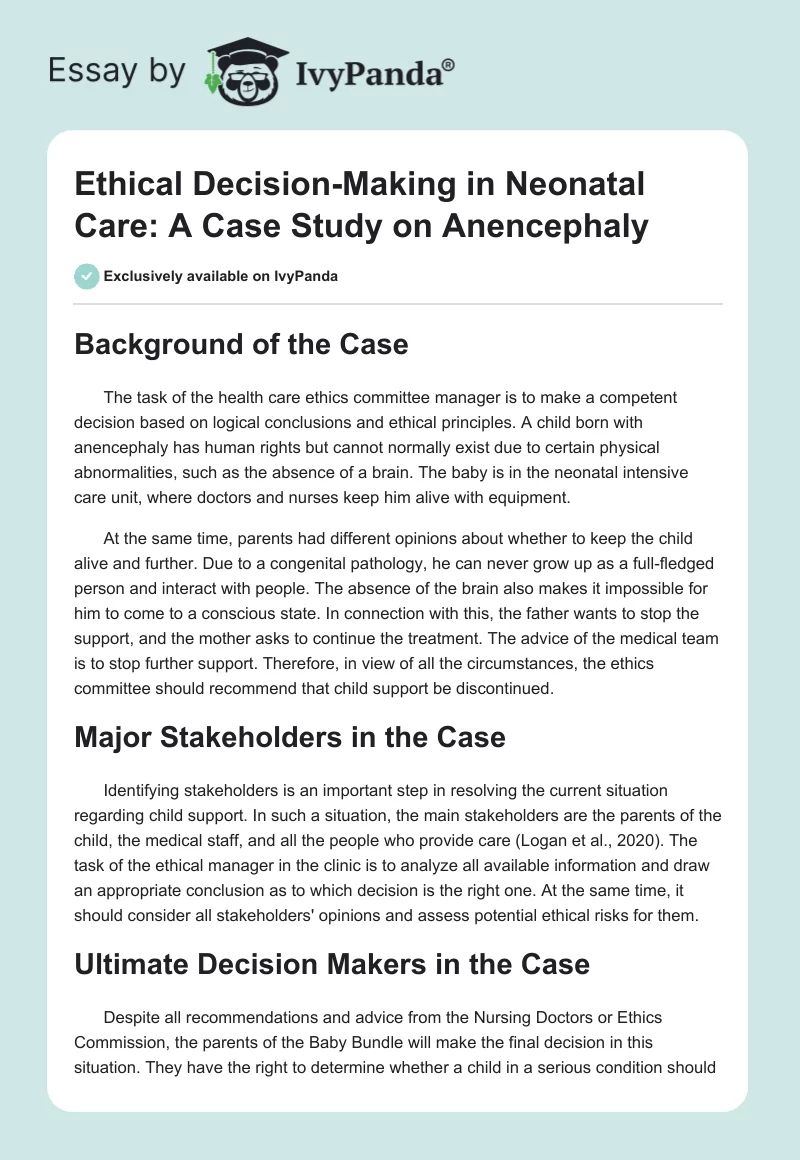 Ethical Decision-Making in Neonatal Care: A Case Study on Anencephaly. Page 1