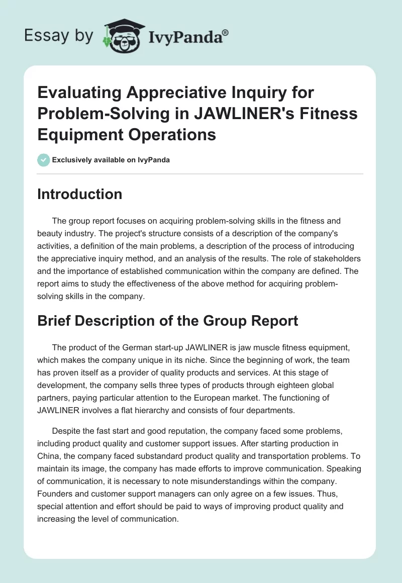 Evaluating Appreciative Inquiry for Problem-Solving in JAWLINER's Fitness Equipment Operations. Page 1