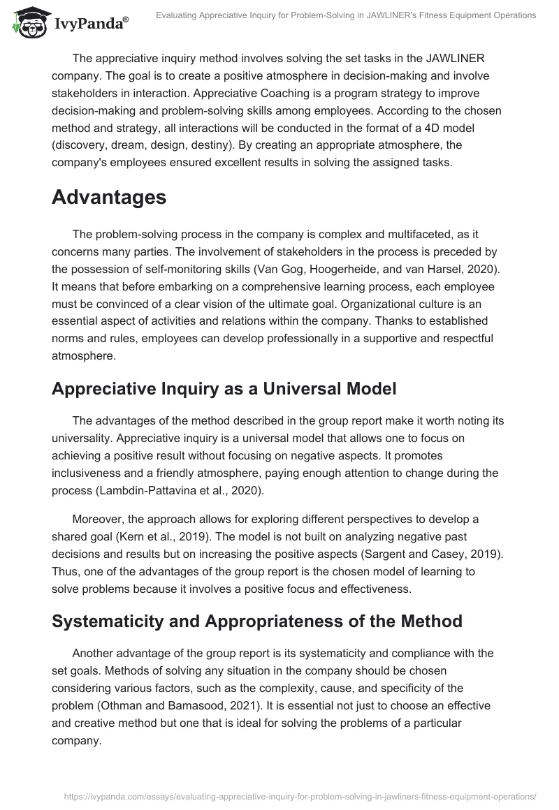 Evaluating Appreciative Inquiry for Problem-Solving in JAWLINER's Fitness Equipment Operations. Page 2