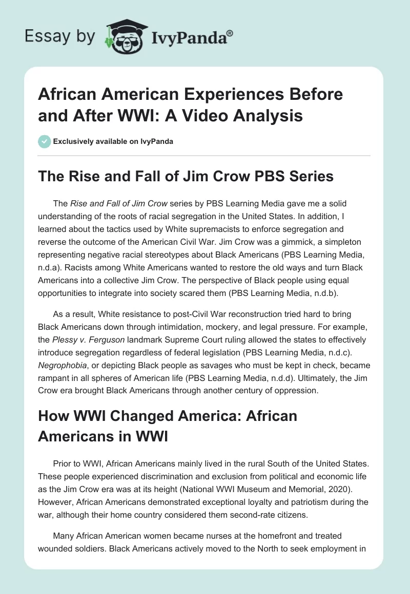 African American Experiences Before and After WWI: A Video Analysis. Page 1