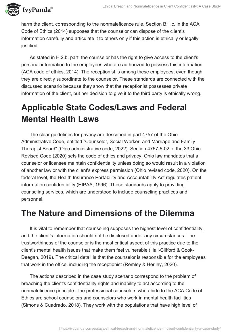 Ethical Breach and Nonmaleficence in Client Confidentiality: A Case Study. Page 2