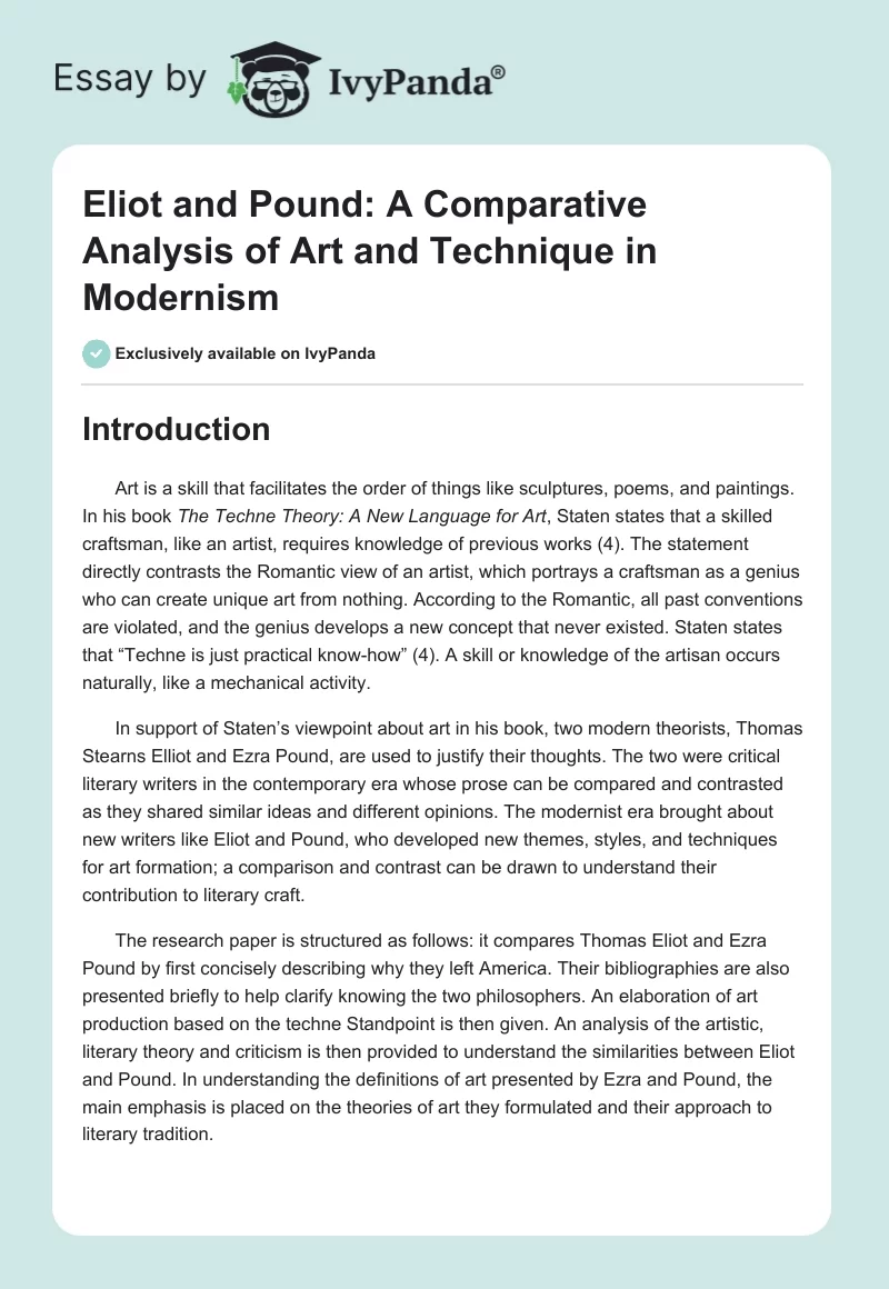 Eliot and Pound: A Comparative Analysis of Art and Technique in Modernism. Page 1