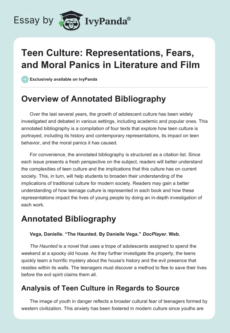 Teen Culture: Representations, Fears, and Moral Panics in Literature and Film. Page 1