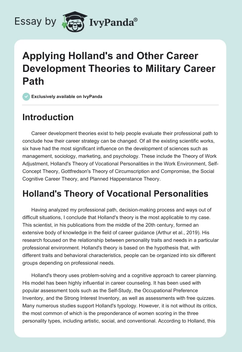 Applying Holland's and Other Career Development Theories to Military Career Path. Page 1