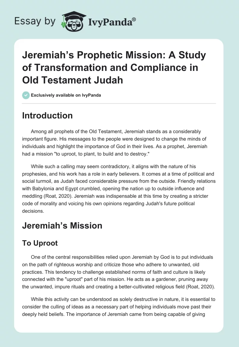 Jeremiah’s Prophetic Mission: A Study of Transformation and Compliance in Old Testament Judah. Page 1