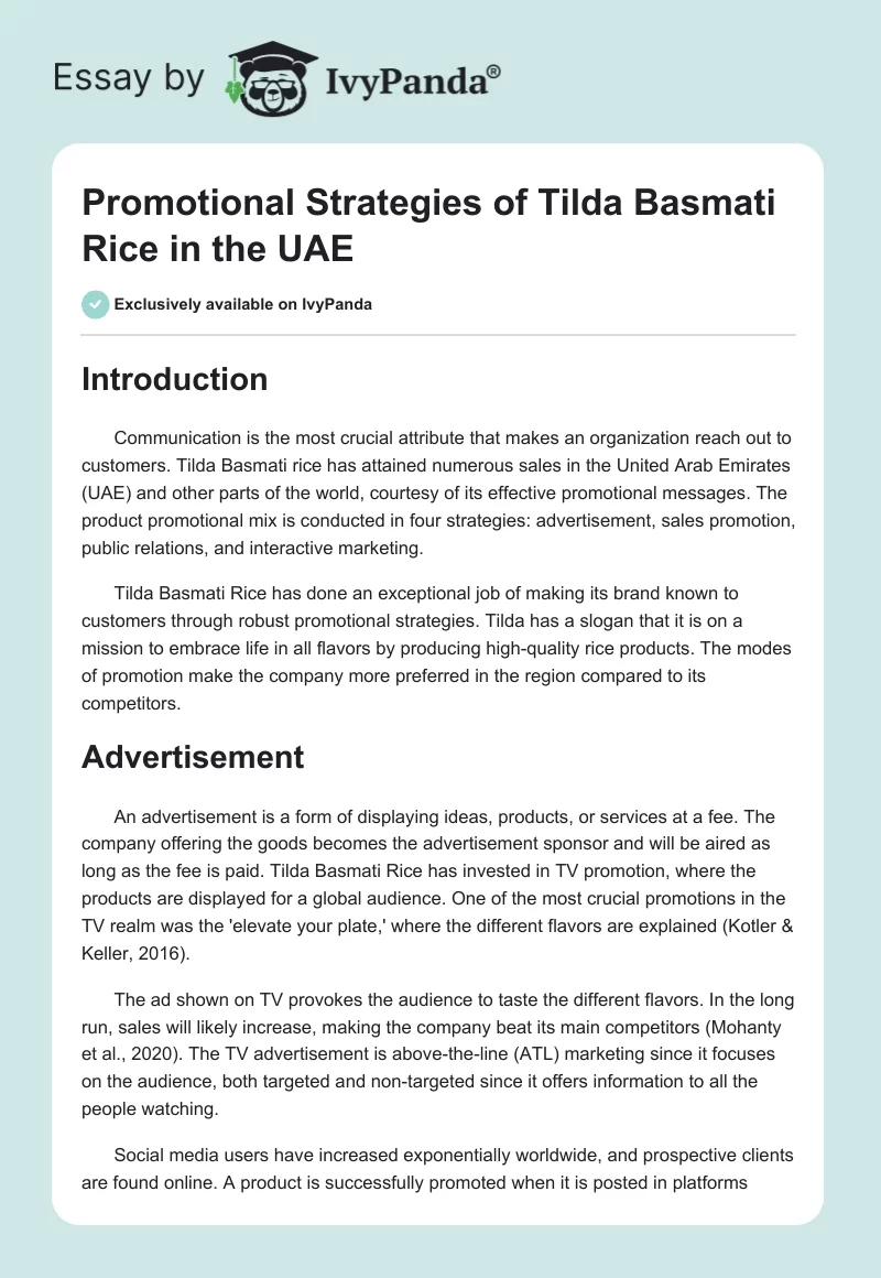 Promotional Strategies of Tilda Basmati Rice in the UAE. Page 1