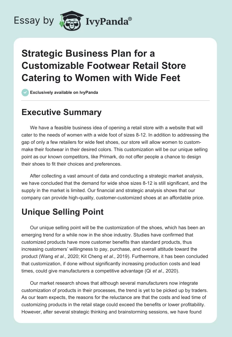 Strategic Business Plan for a Customizable Footwear Retail Store Catering to Women with Wide Feet. Page 1