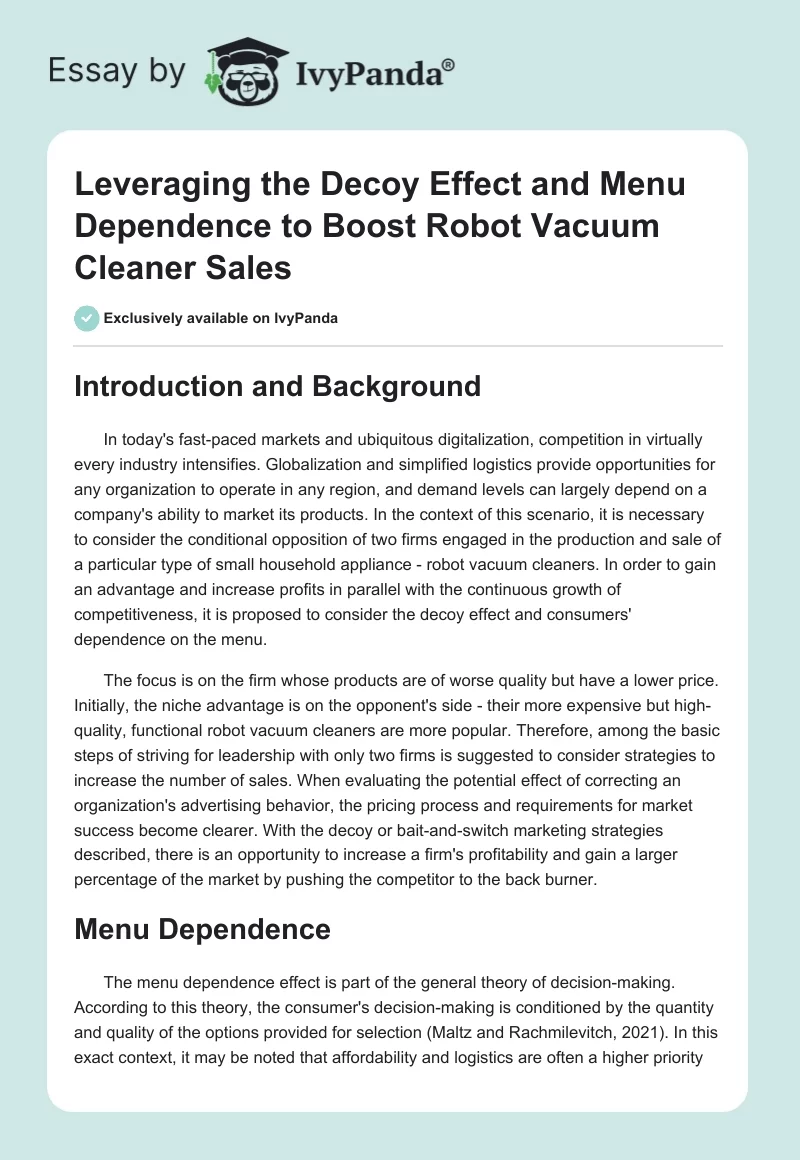 Leveraging the Decoy Effect and Menu Dependence to Boost Robot Vacuum Cleaner Sales. Page 1