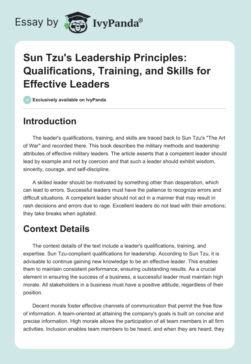 Sun Tzu's Leadership Principles: Qualifications, Training, and Skills for Effective Leaders. Page 1