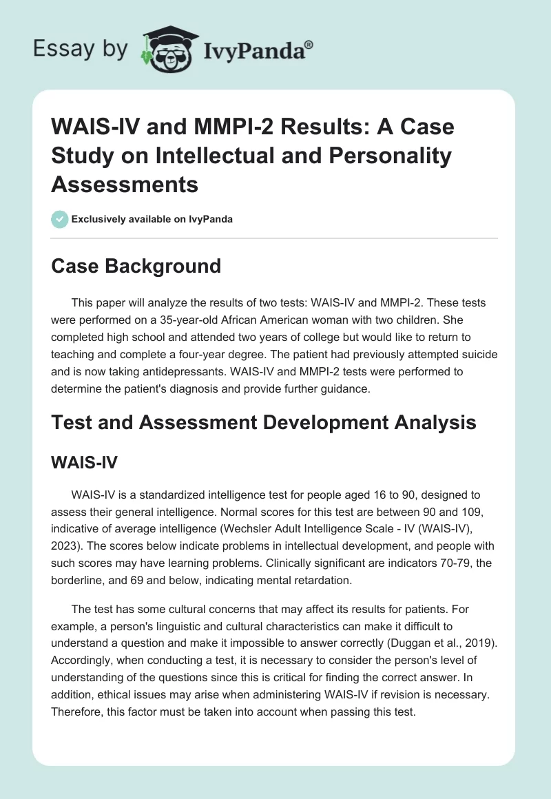 WAIS-IV and MMPI-2 Results: A Case Study on Intellectual and Personality Assessments. Page 1