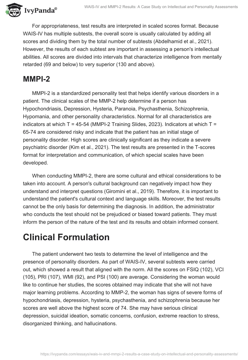 WAIS-IV and MMPI-2 Results: A Case Study on Intellectual and Personality Assessments. Page 2