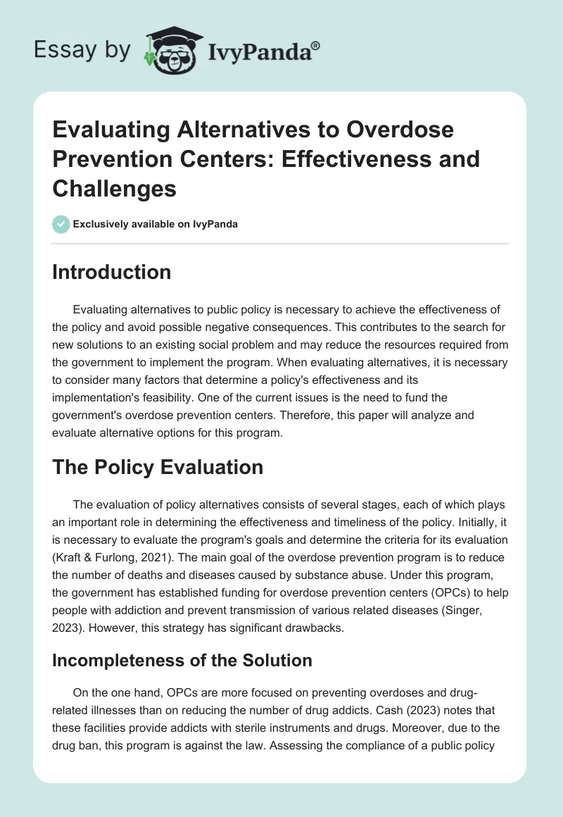 Evaluating Alternatives to Overdose Prevention Centers: Effectiveness and Challenges. Page 1