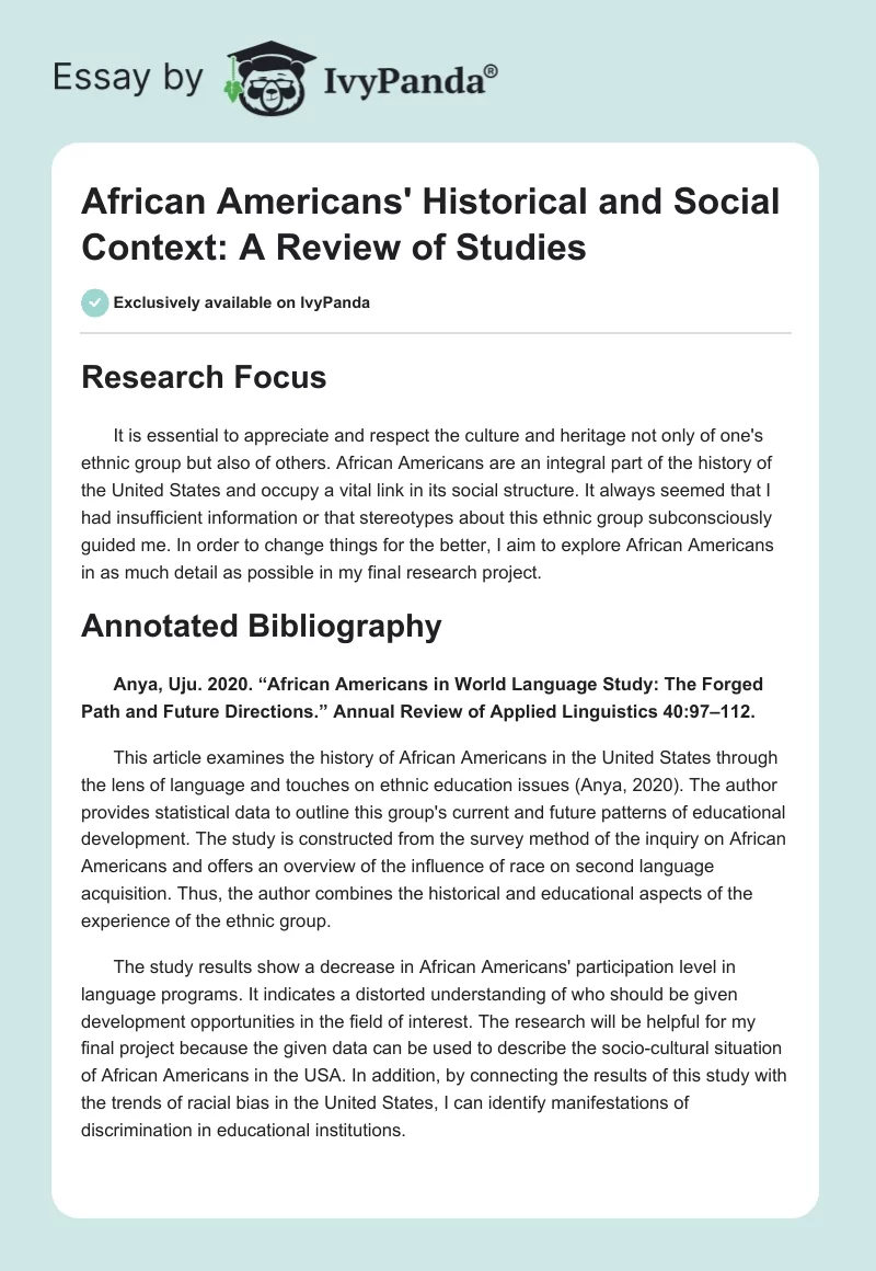 African Americans' Historical and Social Context: A Review of Studies. Page 1