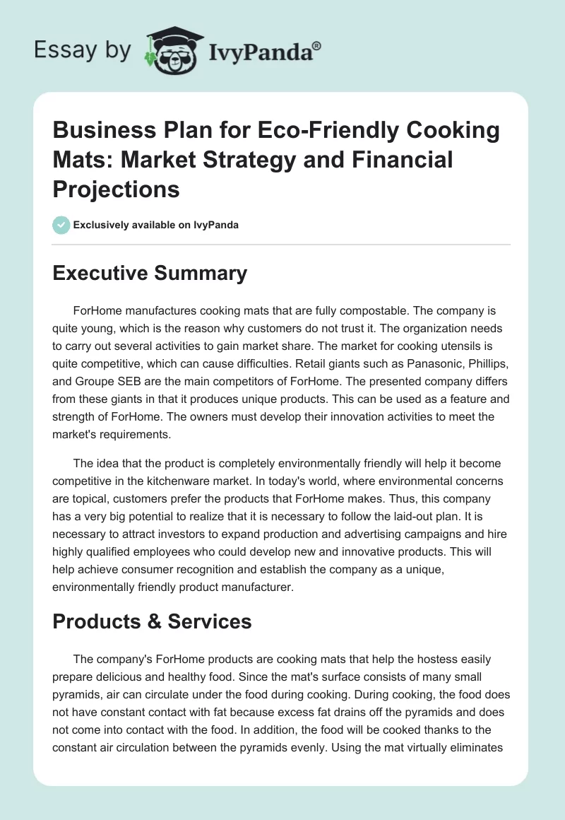 Business Plan for Eco-Friendly Cooking Mats: Market Strategy and Financial Projections. Page 1