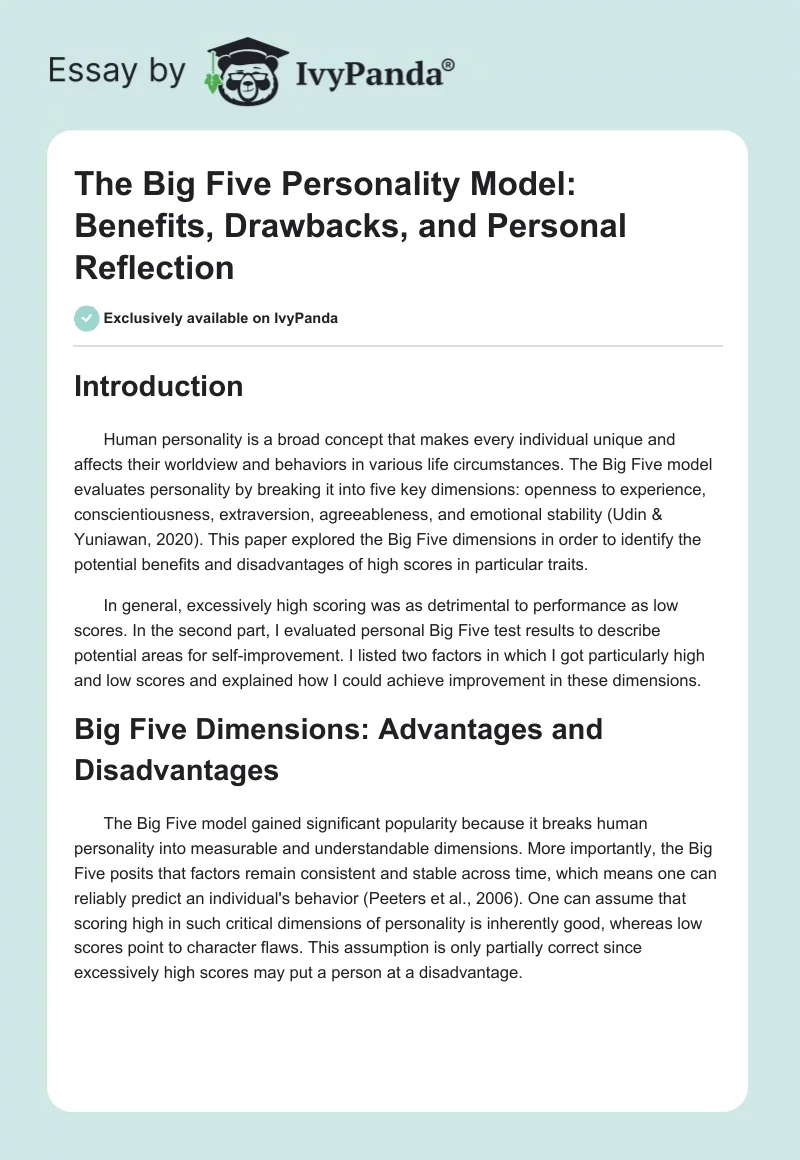 The Big Five Personality Model: Benefits, Drawbacks, and Personal Reflection. Page 1