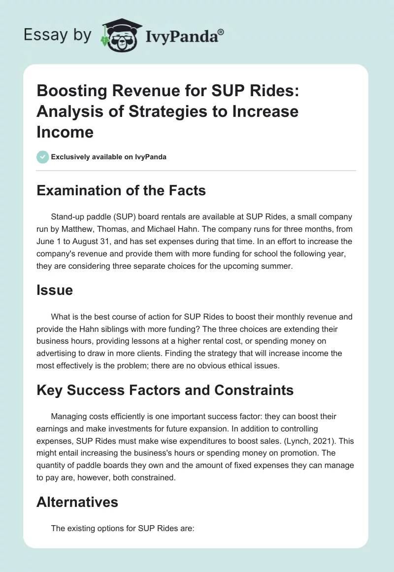 Boosting Revenue for SUP Rides: Analysis of Strategies to Increase Income. Page 1