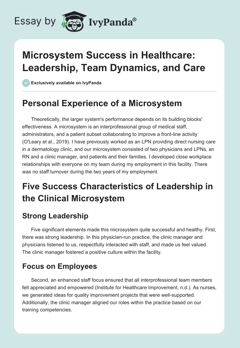 Microsystem Success in Healthcare: Leadership, Team Dynamics, and Care. Page 1