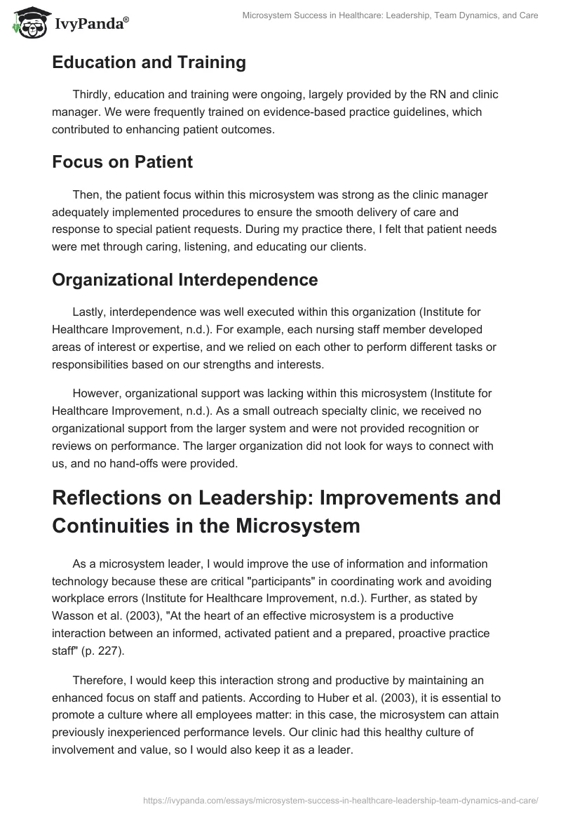 Microsystem Success in Healthcare: Leadership, Team Dynamics, and Care. Page 2