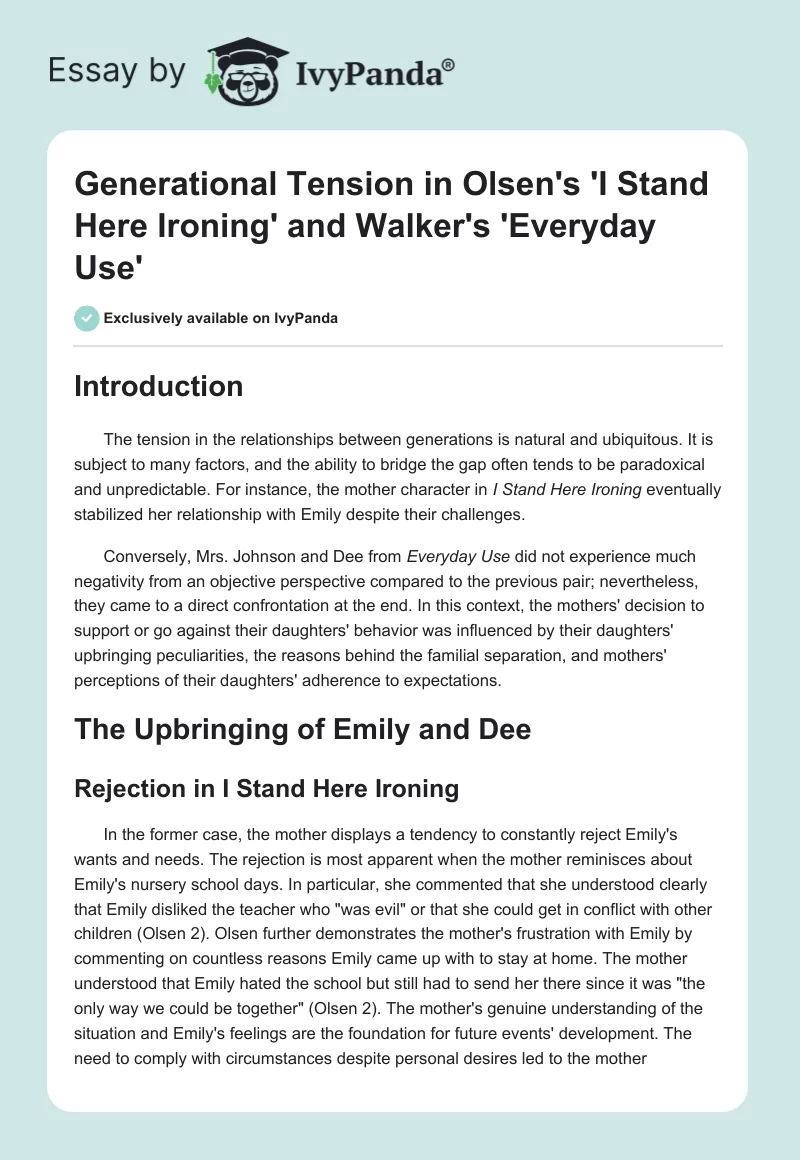 Generational Tension in Olsen's 'I Stand Here Ironing' and Walker's 'Everyday Use'. Page 1